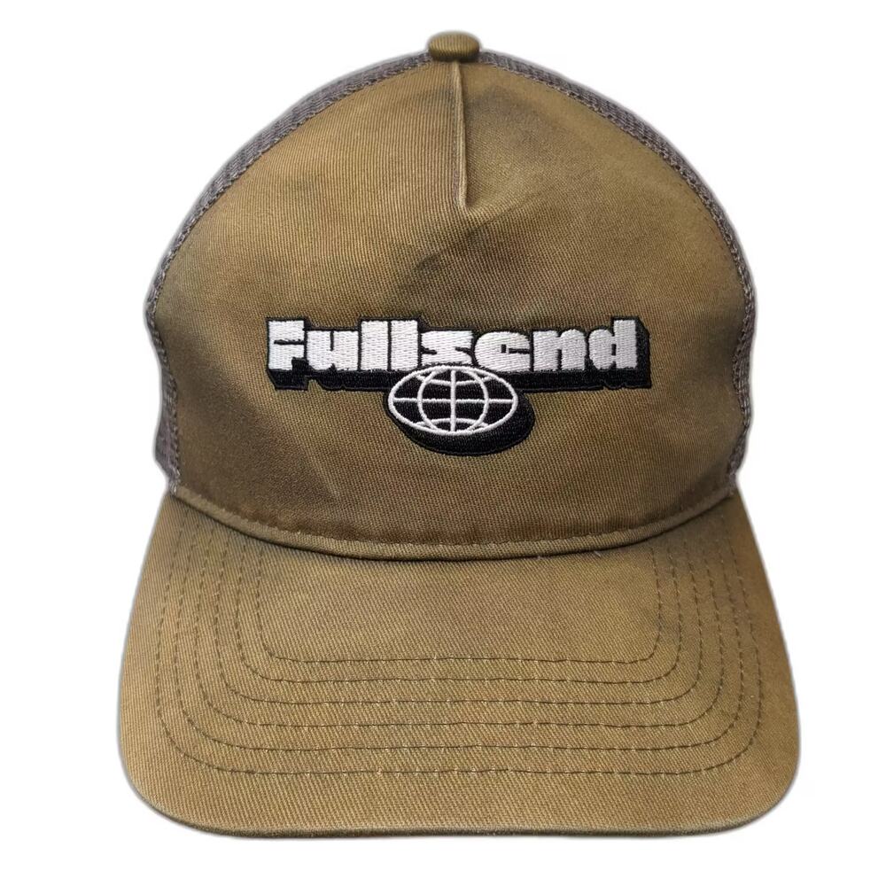 Full Send Trucker Hat Brown Gray OS Mesh Globe Logo Adjustable Embroidered